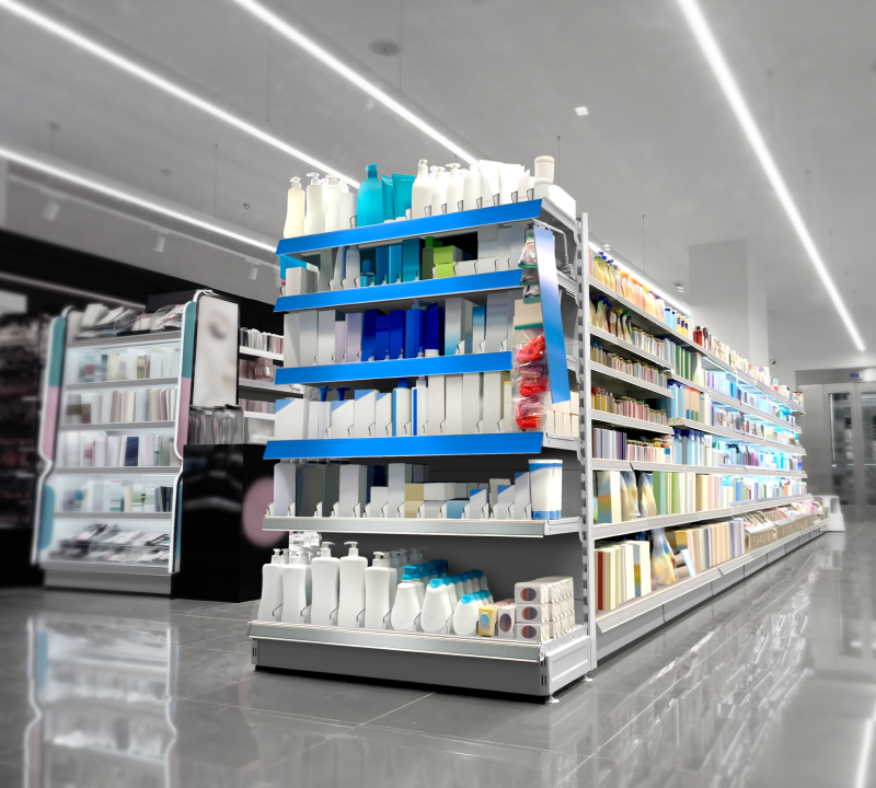 A store with many shelves of cosmetics and toiletries.