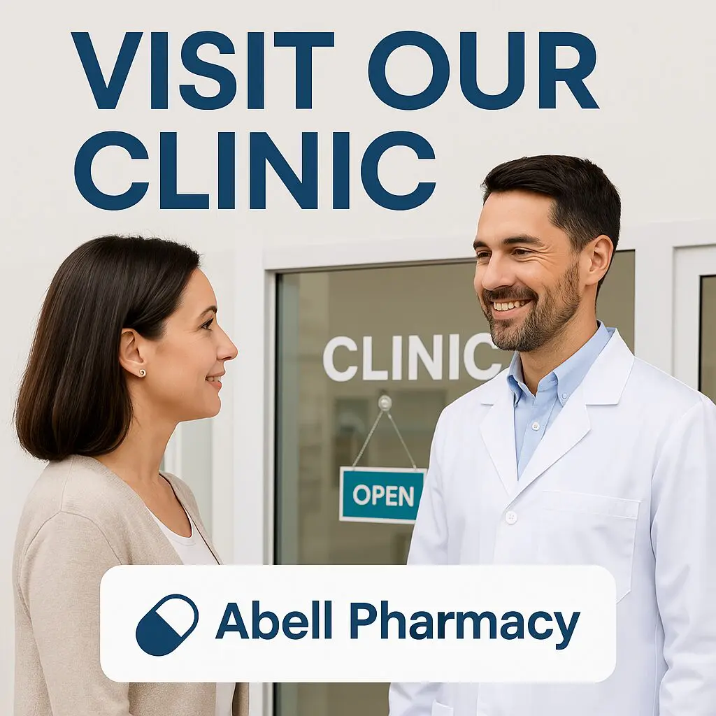 ChatGPT-Image-Apr-26-2025-08_47_34-PM Pharmacist welcoming a patient outside Abell Pharmacy clinic with a visible open sign and visit our clinic message